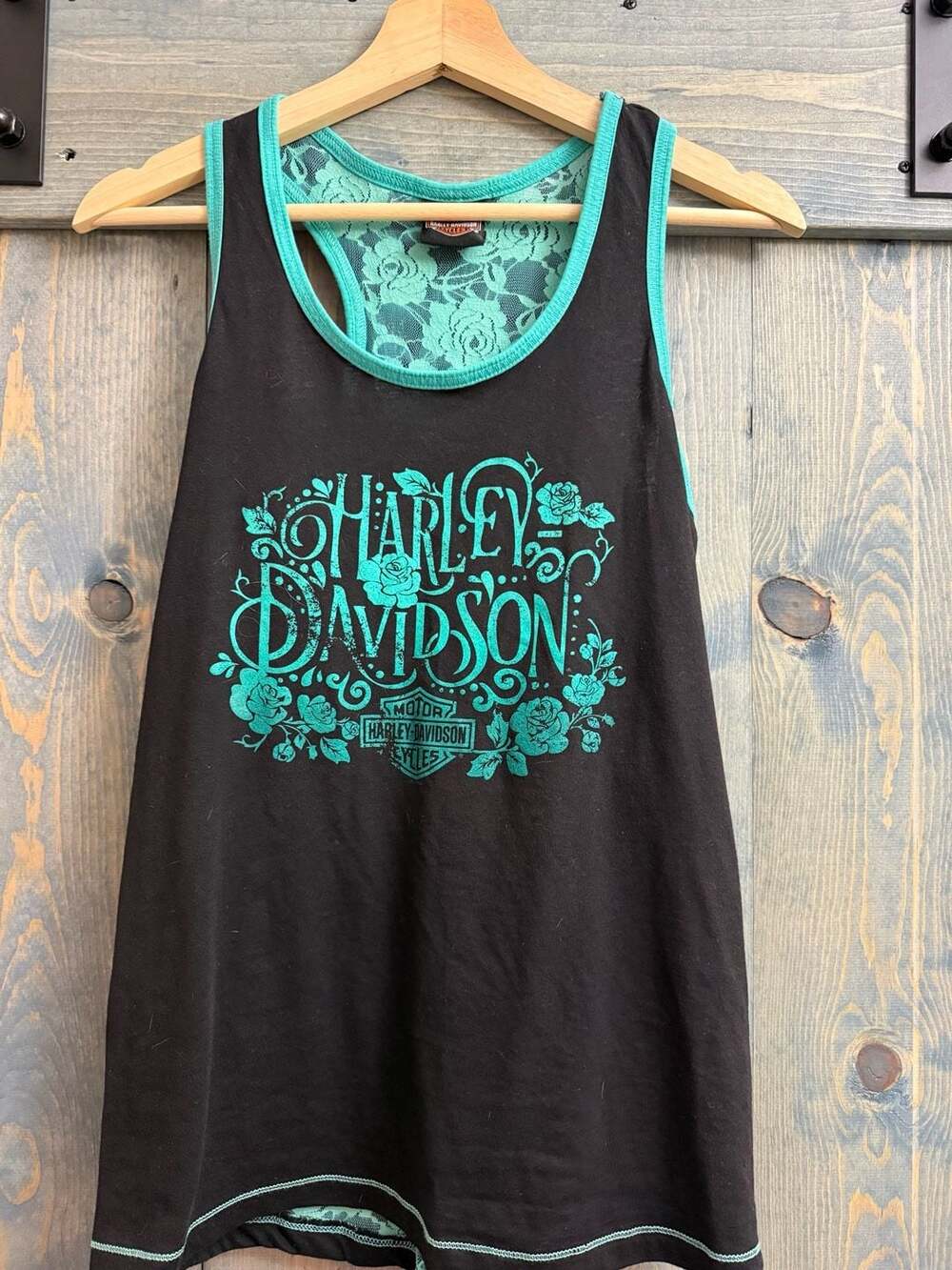 Harley-Davidson Rommel Delmarva Salisbury MD Black & Teal Lace Racerback Tank To